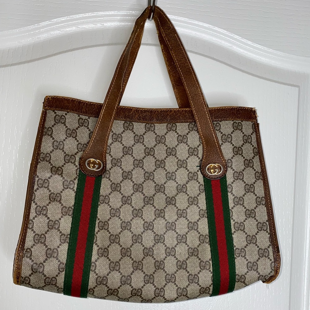 Gucci Brown Monogram Canvas Tote with Green-Red Web Stripe
